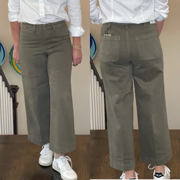 Oat New York High Waist Wide Leg Cropped Pant Olive Green Cotton
